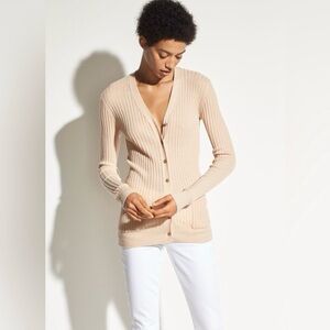 Vince Women’s Rib Skinny 100% Cashmere Long Cardigan with Pockets in Beige Sz M